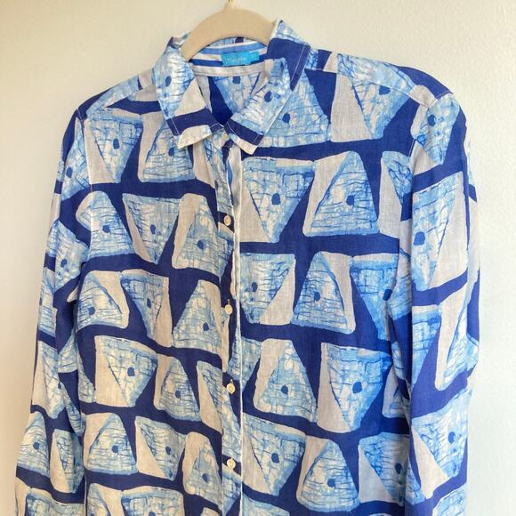 J McLaughlin Womens XS Blue 100% Linen Print Button Down Shirt Beachy Coastal - Picture 3 of 9